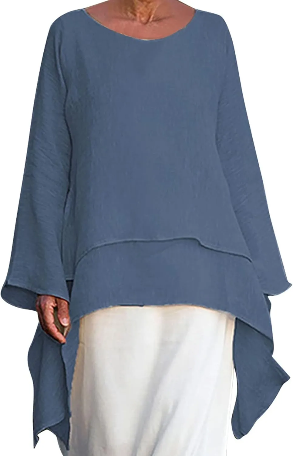 Mzkdieey Oversized Cotton Linen Shirts for Women High Low Hem Asymmetrical Tops Summer Casual Crewneck Long Sleeve Blouse