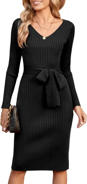 Newshows Womens 2024 Fall Sweater Dress Long Sleeve V Neck Business Casual Outfits Winter Fashion A-Line Belted Dresses