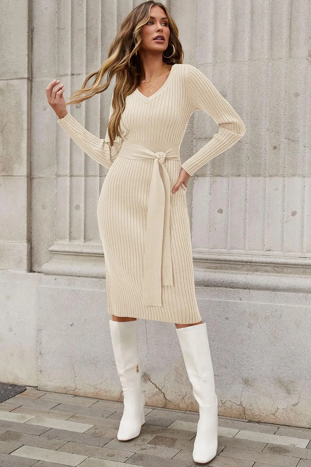 Newshows Womens 2024 Fall Sweater Dress Long Sleeve V Neck Business Casual Outfits Winter Fashion A-Line Belted Dresses