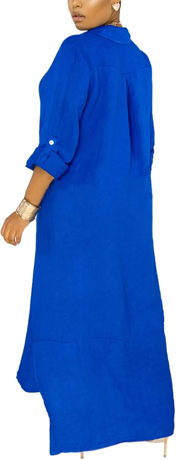 nqgsntc Women V Neck Rolled Up Sleeve Lining Dress Button Down Side Slit Shirt Maxi Dresses