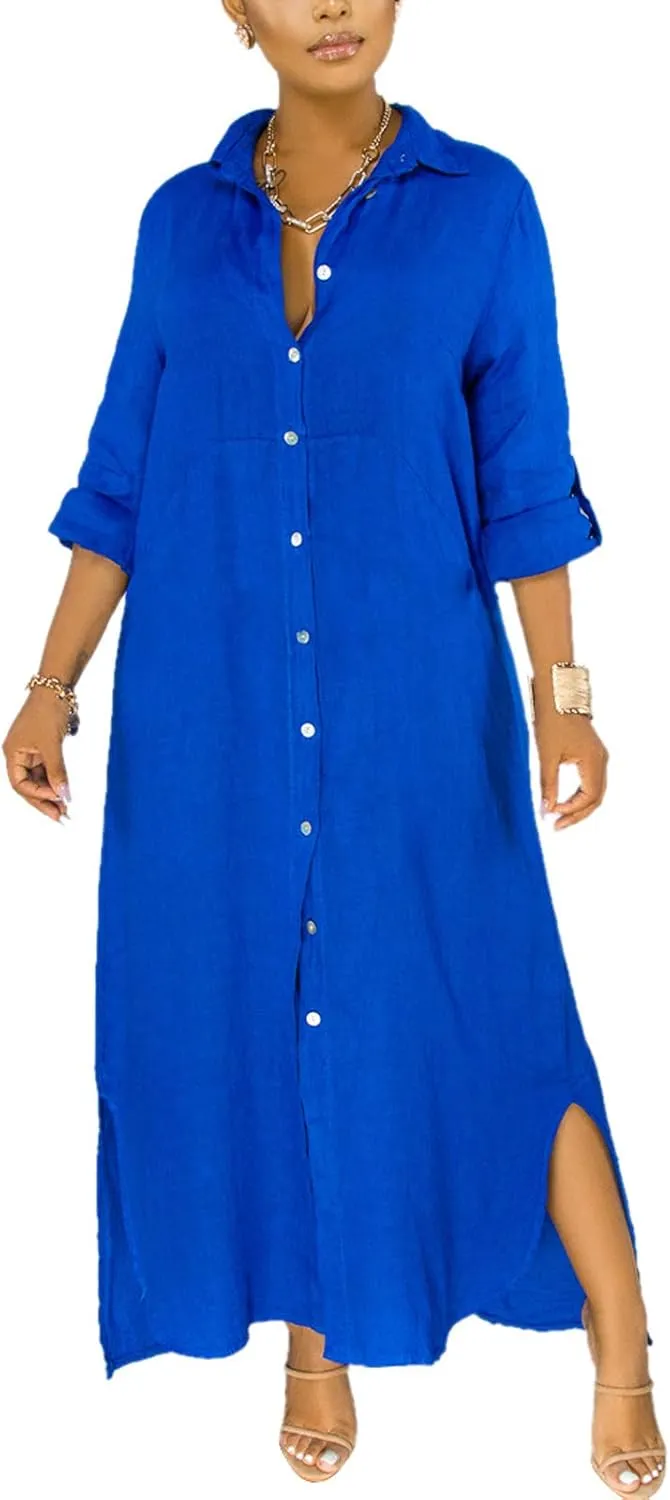 nqgsntc Women V Neck Rolled Up Sleeve Lining Dress Button Down Side Slit Shirt Maxi Dresses