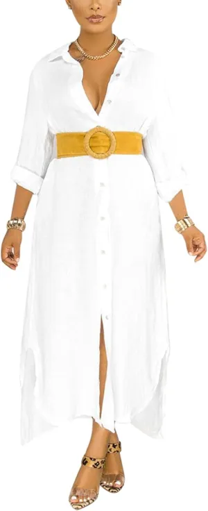 nqgsntc Women V Neck Rolled Up Sleeve Lining Dress Button Down Side Slit Shirt Maxi Dresses