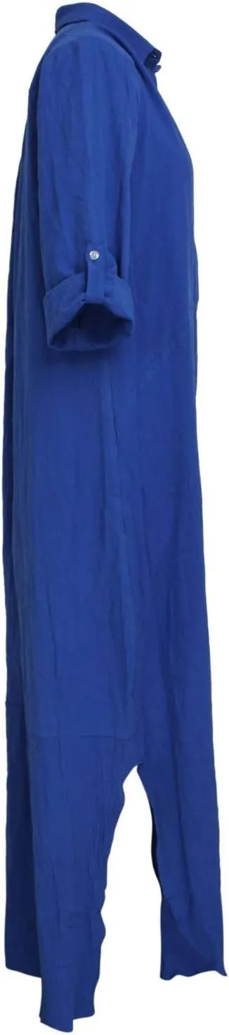 nqgsntc Women V Neck Rolled Up Sleeve Lining Dress Button Down Side Slit Shirt Maxi Dresses