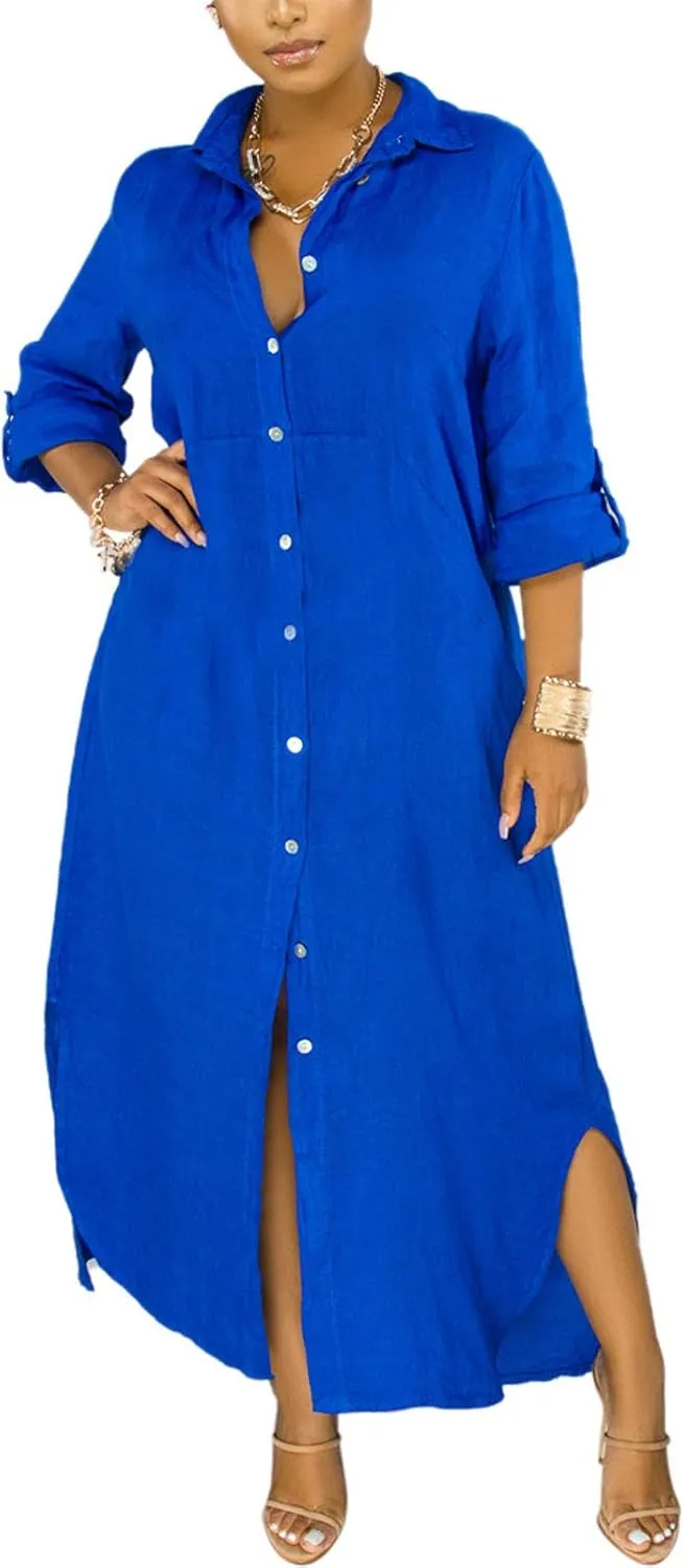 nqgsntc Women V Neck Rolled Up Sleeve Lining Dress Button Down Side Slit Shirt Maxi Dresses
