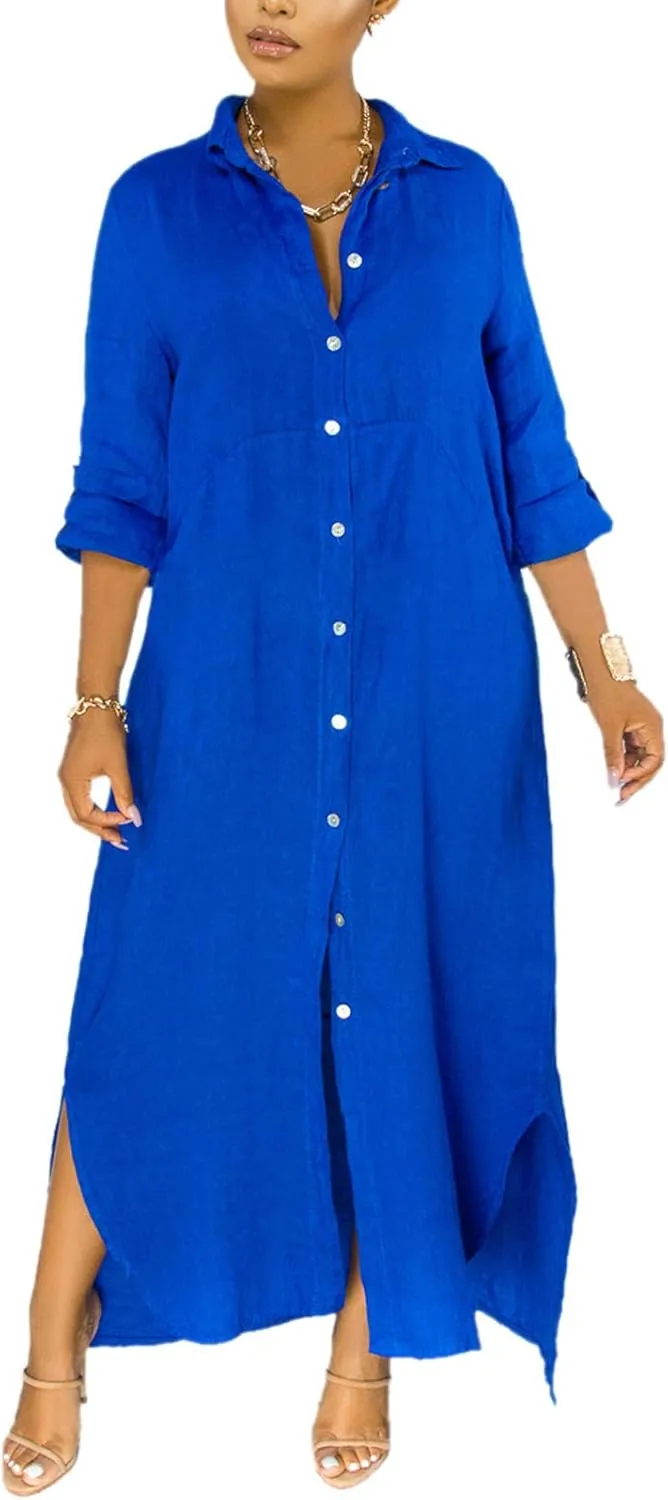 nqgsntc Women V Neck Rolled Up Sleeve Lining Dress Button Down Side Slit Shirt Maxi Dresses