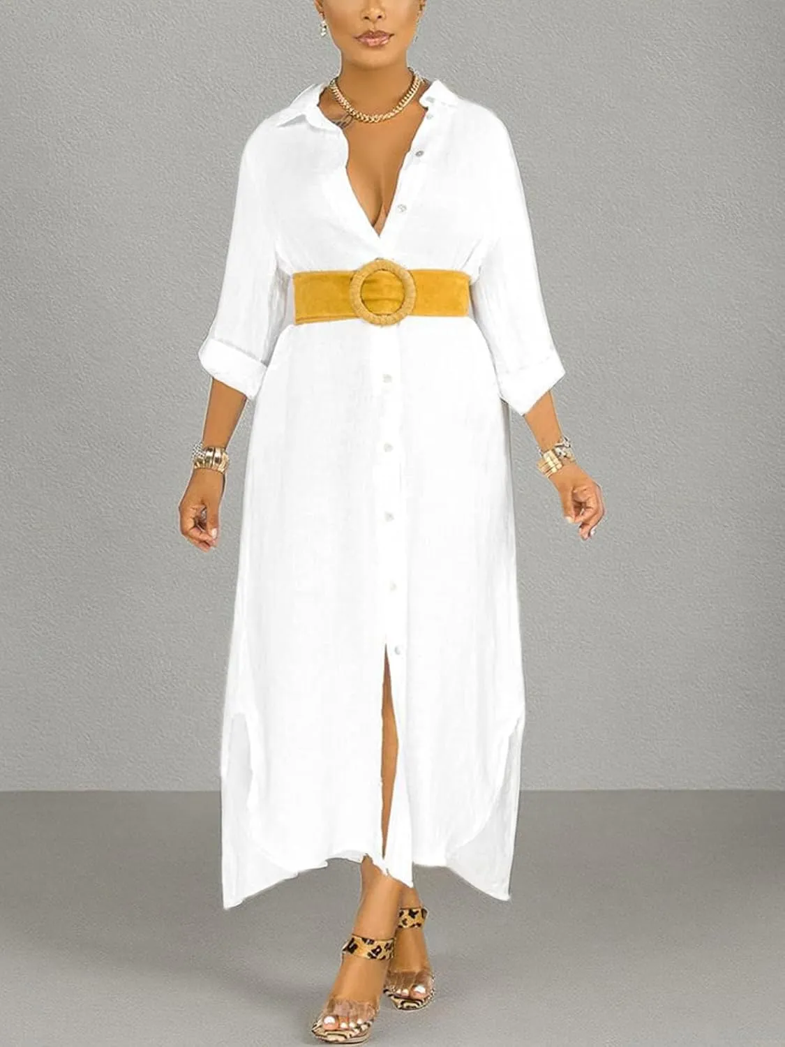 nqgsntc Women V Neck Rolled Up Sleeve Lining Dress Button Down Side Slit Shirt Maxi Dresses