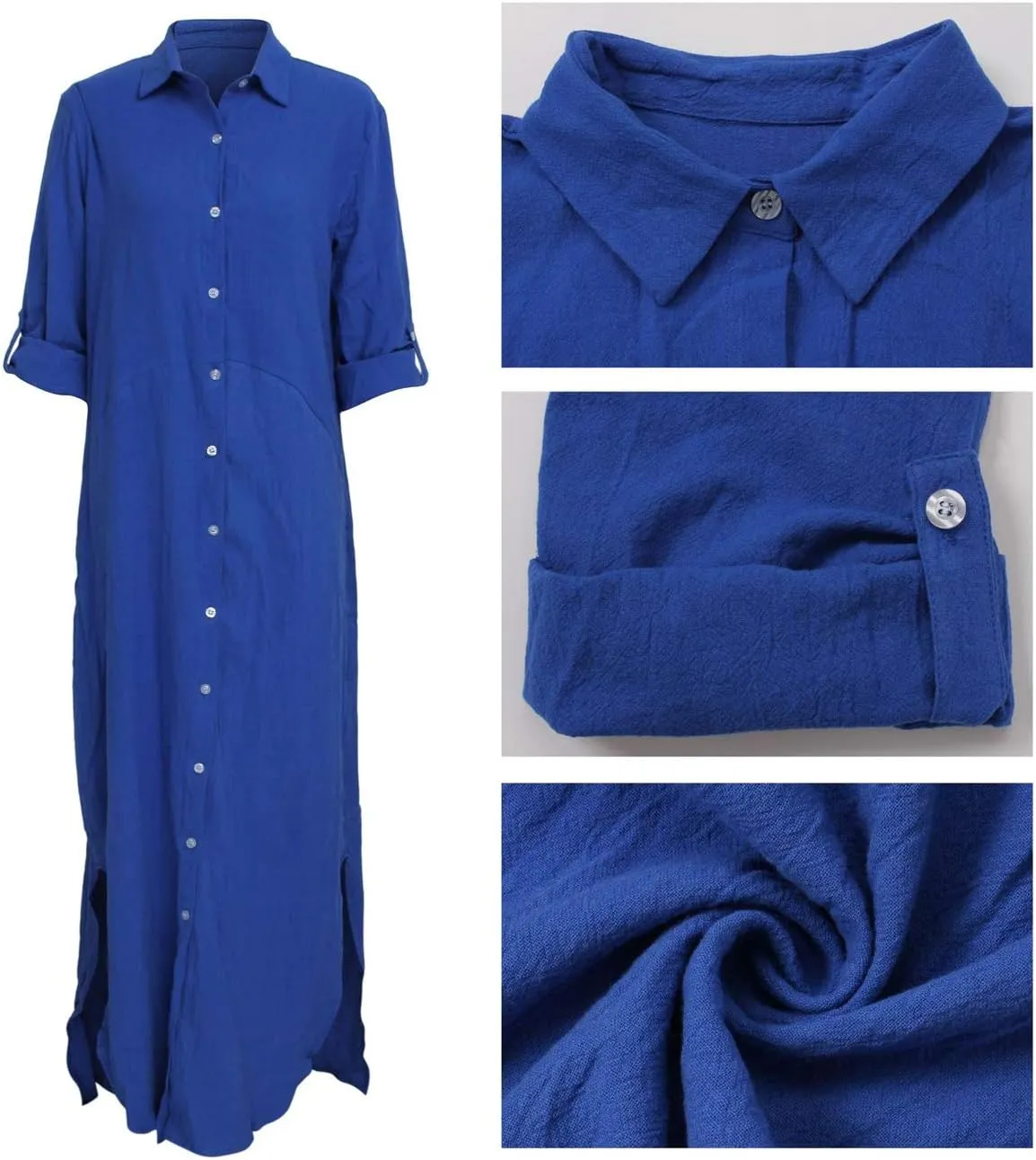 nqgsntc Women V Neck Rolled Up Sleeve Lining Dress Button Down Side Slit Shirt Maxi Dresses