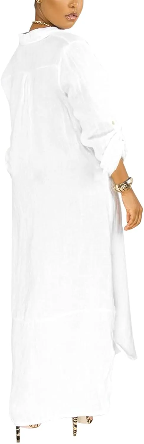 nqgsntc Women V Neck Rolled Up Sleeve Lining Dress Button Down Side Slit Shirt Maxi Dresses