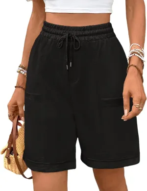 Oymyakon Women's Casual Cotton Shorts Summer Drawstring Elastic Waist Beach Shorts Comfy Pull On Shorts with Pockets