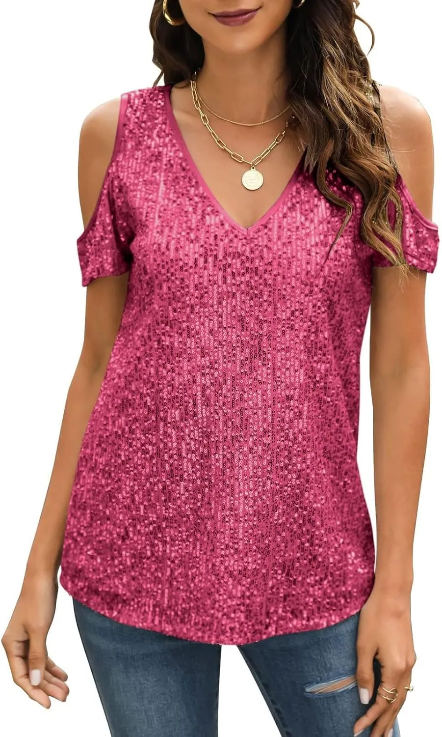Party Night Sequin T Shirts Summer Short Sleeve Tops Off Shoulder Glitter Sparkly Blouse Loose Fit Shirts Going Out