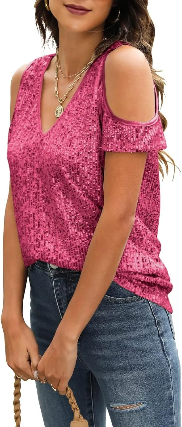 Party Night Sequin T Shirts Summer Short Sleeve Tops Off Shoulder Glitter Sparkly Blouse Loose Fit Shirts Going Out
