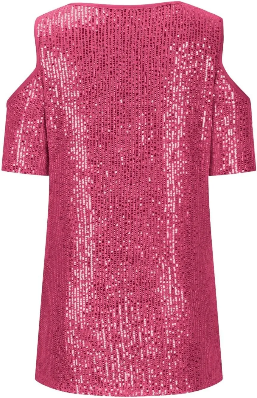 Party Night Sequin T Shirts Summer Short Sleeve Tops Off Shoulder Glitter Sparkly Blouse Loose Fit Shirts Going Out