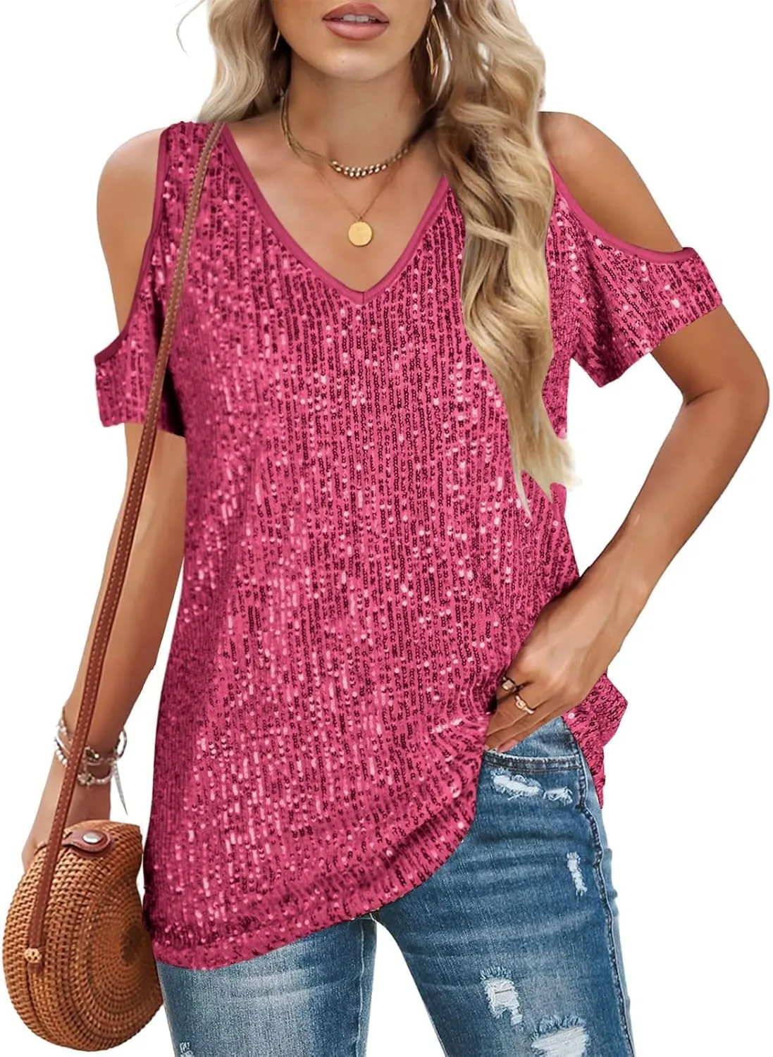 Party Night Sequin T Shirts Summer Short Sleeve Tops Off Shoulder Glitter Sparkly Blouse Loose Fit Shirts Going Out