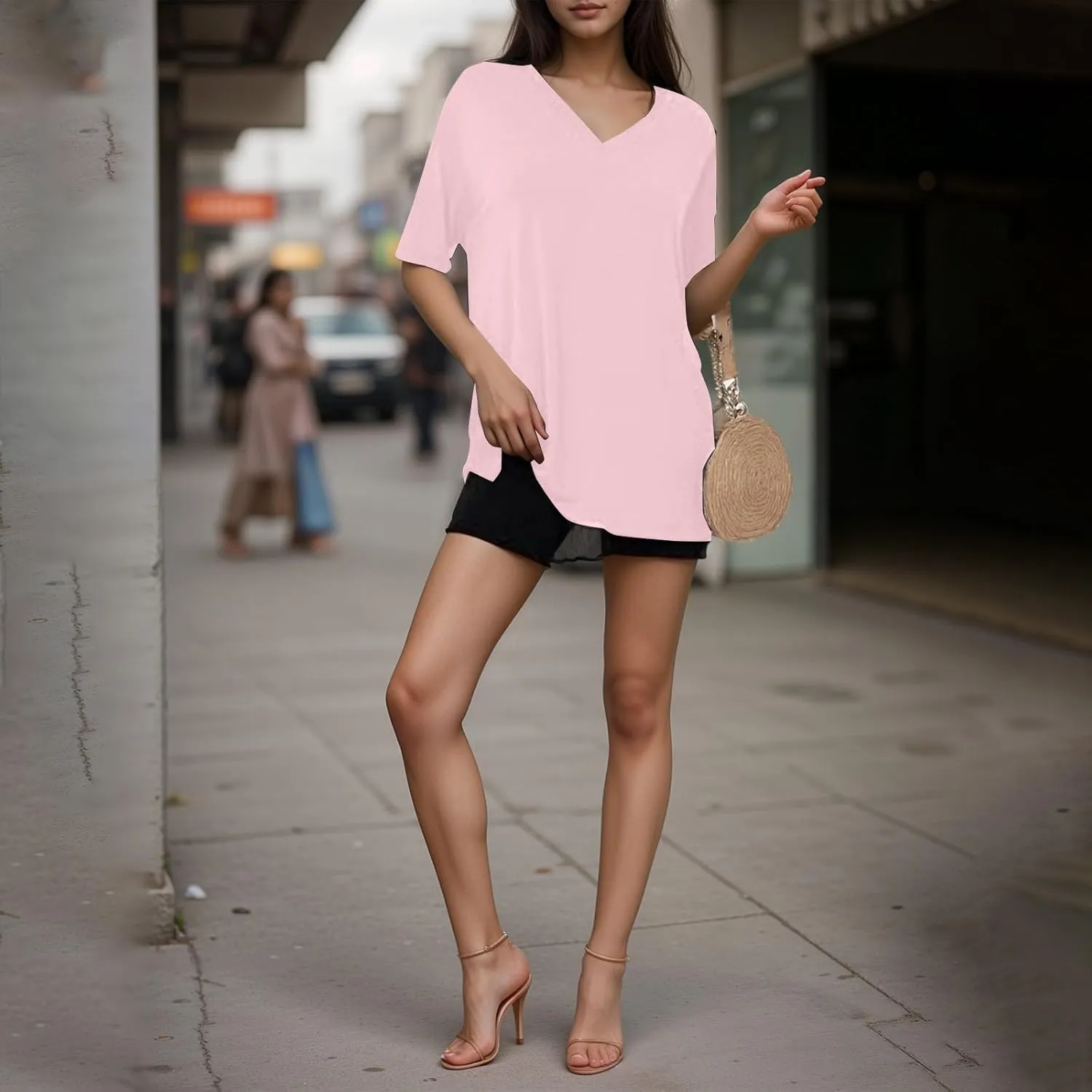 Plus Size Tops for Women Oversized Tshirts Short Sleeve V Neck Tunic Side Slit Blouse Dressy Plain Basic Tees