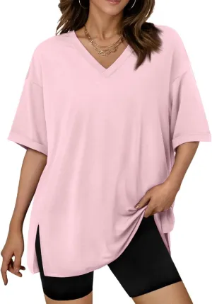 Plus Size Tops for Women Oversized Tshirts Short Sleeve V Neck Tunic Side Slit Blouse Dressy Plain Basic Tees