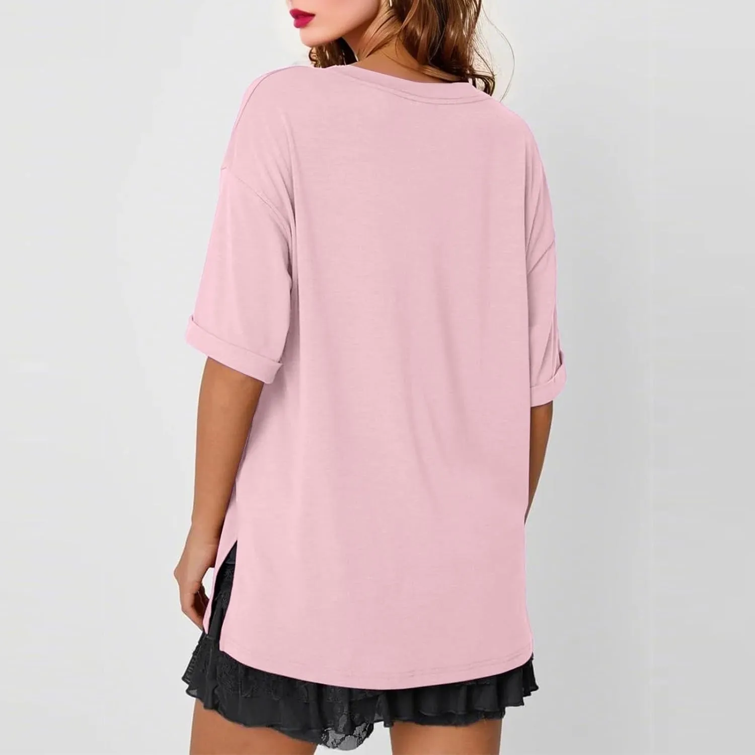 Plus Size Tops for Women Oversized Tshirts Short Sleeve V Neck Tunic Side Slit Blouse Dressy Plain Basic Tees