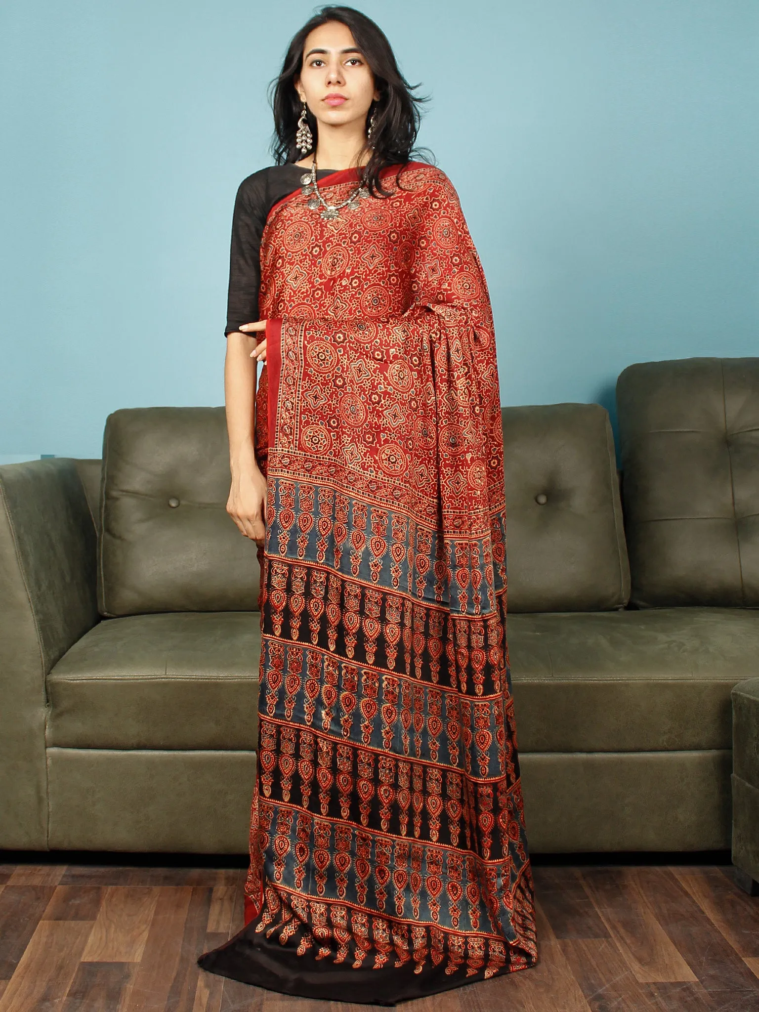 Red Indigo Black Ajrakh Hand Block Printed Modal Silk Saree in Natural Colors - S031703361