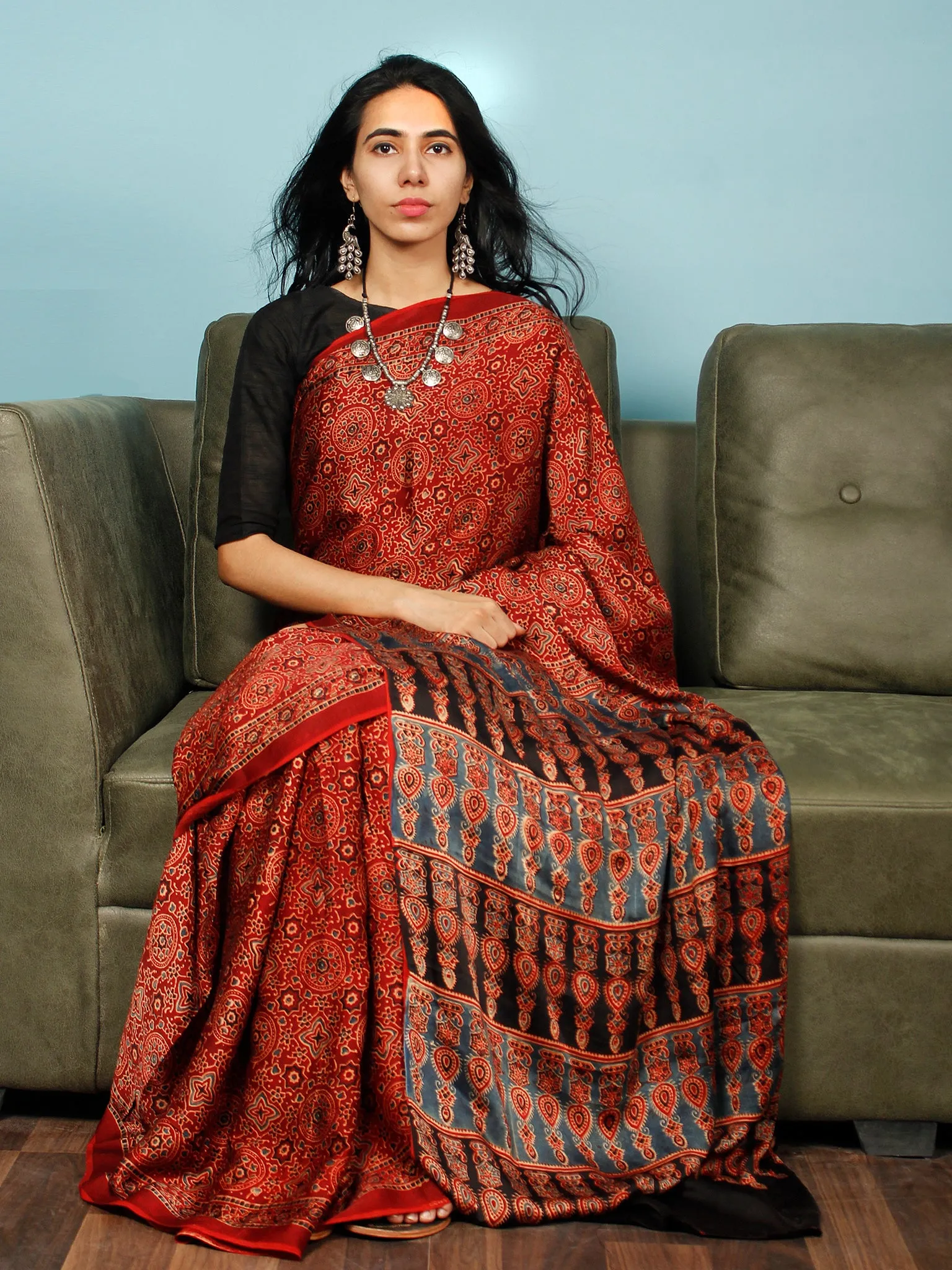 Red Indigo Black Ajrakh Hand Block Printed Modal Silk Saree in Natural Colors - S031703361