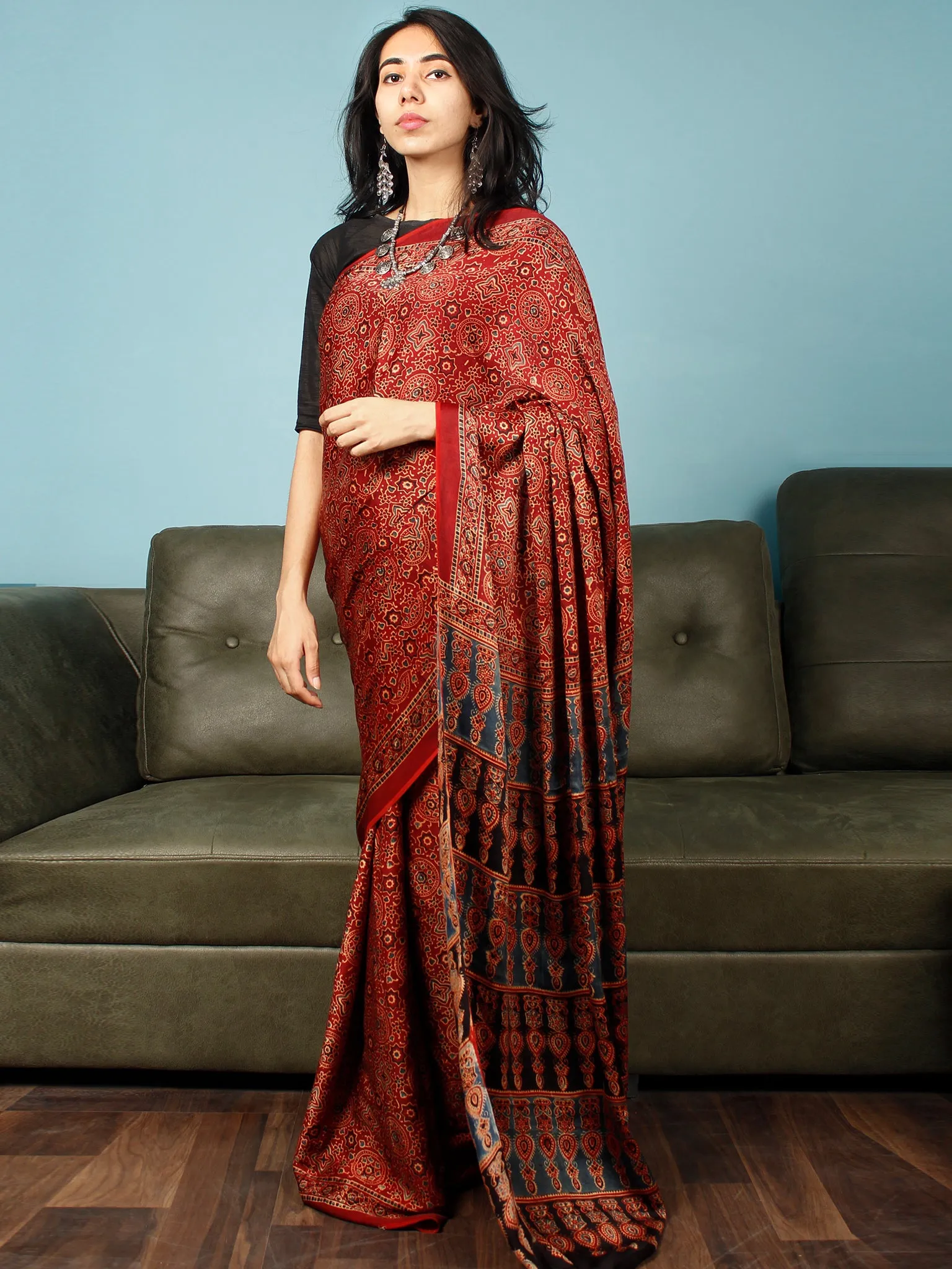 Red Indigo Black Ajrakh Hand Block Printed Modal Silk Saree in Natural Colors - S031703361