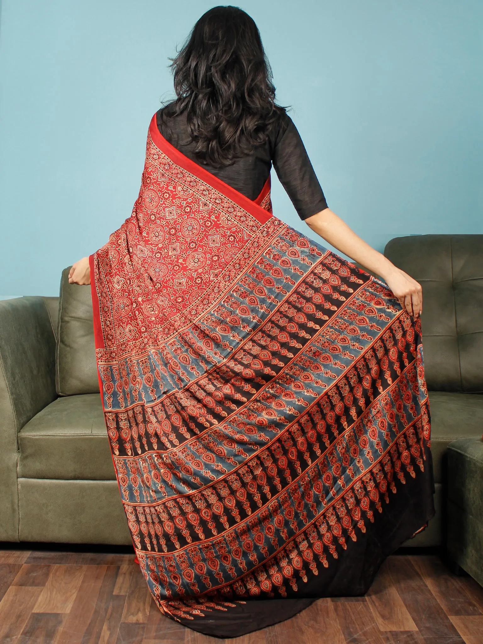 Red Indigo Black Ajrakh Hand Block Printed Modal Silk Saree in Natural Colors - S031703361