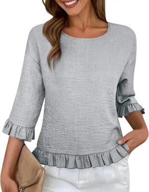 Summer Tops for Seniors 3/4 Sleeve Tops Cute Lightweight Ruffle Sleeve Shirts Loose Fit Solid Color Daily Wear Blouses