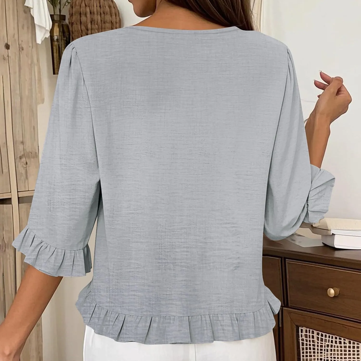 Summer Tops for Seniors 3/4 Sleeve Tops Cute Lightweight Ruffle Sleeve Shirts Loose Fit Solid Color Daily Wear Blouses