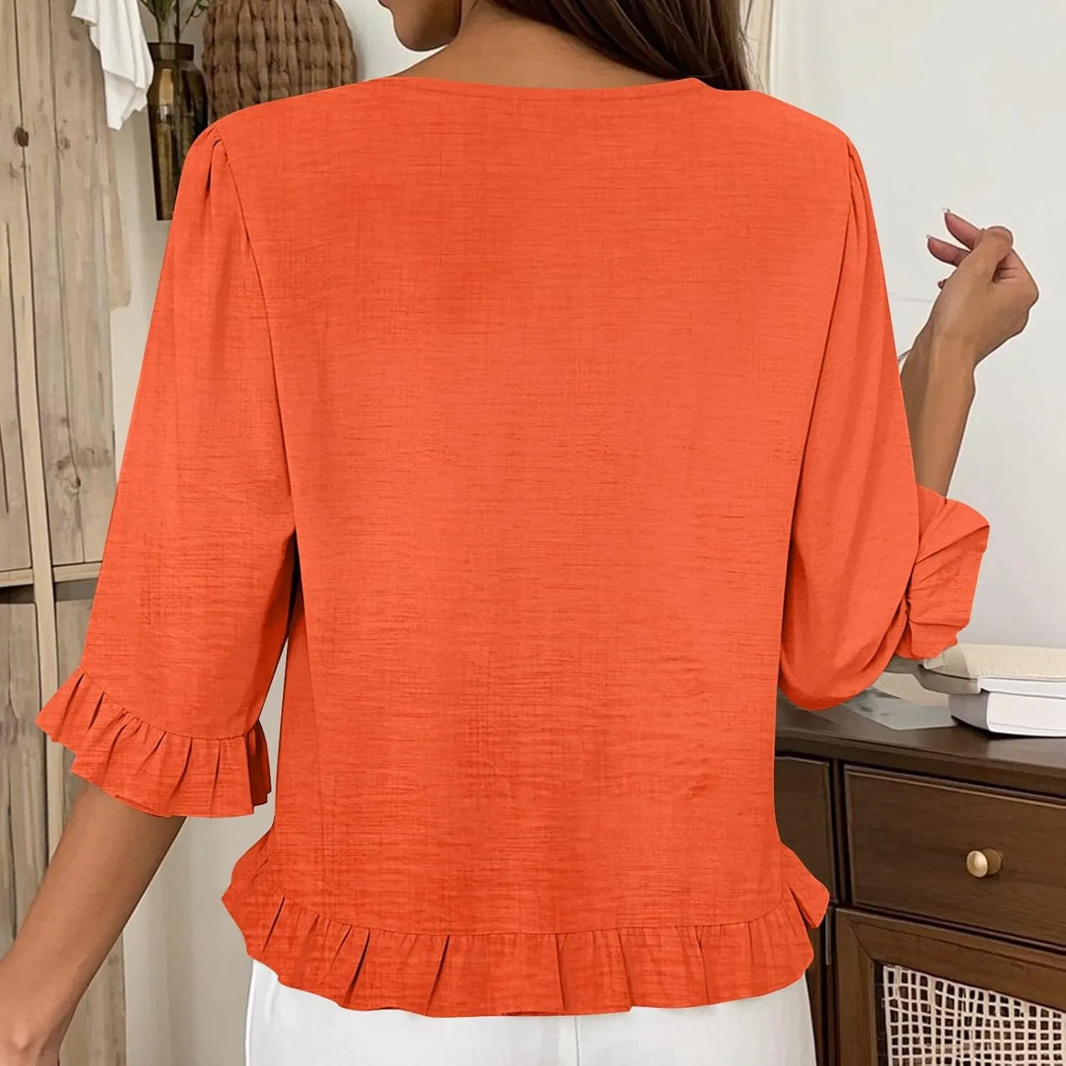 Summer Tops for Seniors 3/4 Sleeve Tops Cute Lightweight Ruffle Sleeve Shirts Loose Fit Solid Color Daily Wear Blouses