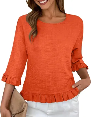 Summer Tops for Seniors 3/4 Sleeve Tops Cute Lightweight Ruffle Sleeve Shirts Loose Fit Solid Color Daily Wear Blouses