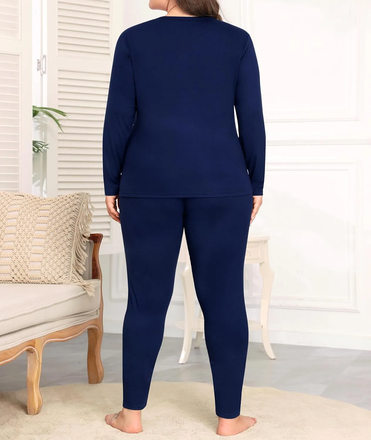 SWOMOG Plus Size Thermal Underwear Sets for Women Long Johns Base Layer Set 2 Pcs Underwear Top & Bottom Pajama Set