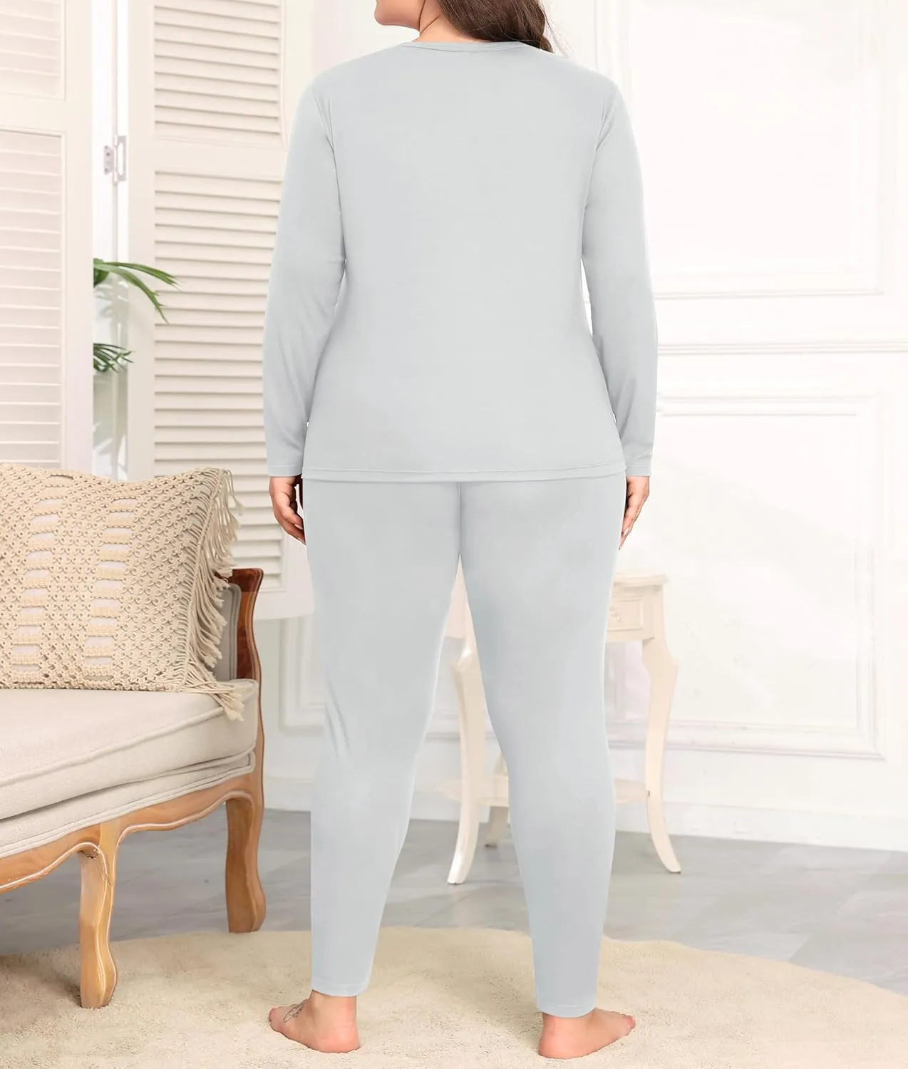 SWOMOG Plus Size Thermal Underwear Sets for Women Long Johns Base Layer Set 2 Pcs Underwear Top & Bottom Pajama Set