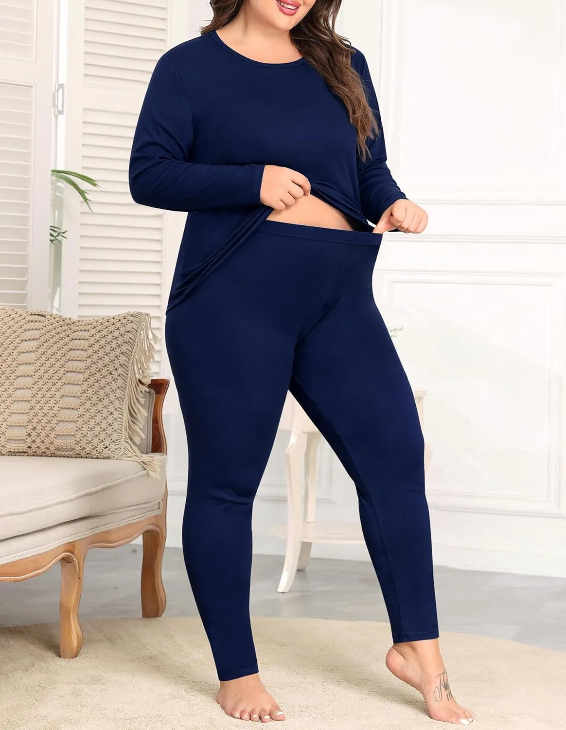 SWOMOG Plus Size Thermal Underwear Sets for Women Long Johns Base Layer Set 2 Pcs Underwear Top & Bottom Pajama Set