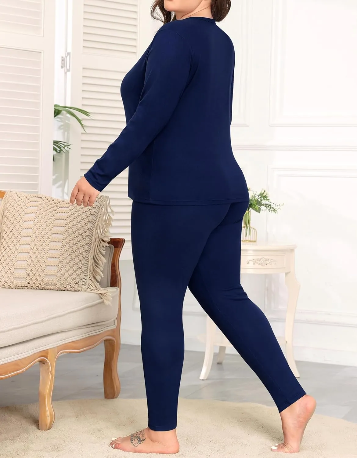 SWOMOG Plus Size Thermal Underwear Sets for Women Long Johns Base Layer Set 2 Pcs Underwear Top & Bottom Pajama Set
