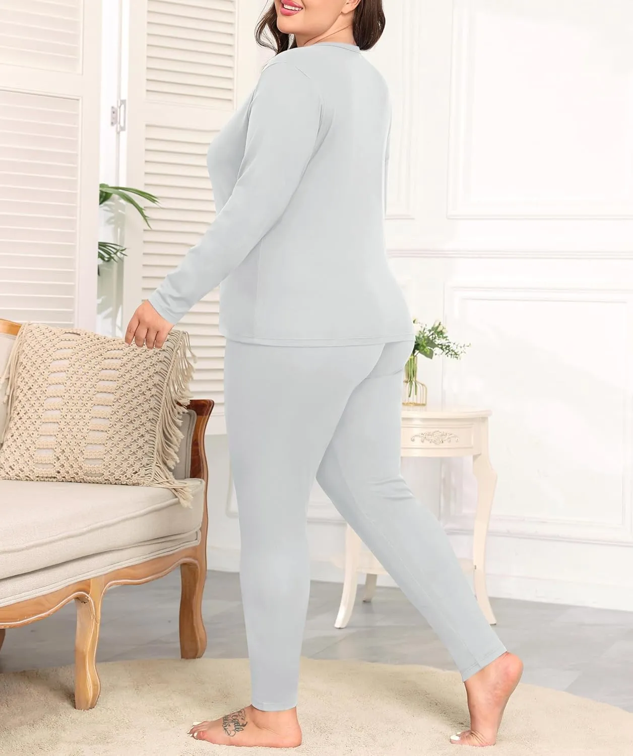 SWOMOG Plus Size Thermal Underwear Sets for Women Long Johns Base Layer Set 2 Pcs Underwear Top & Bottom Pajama Set