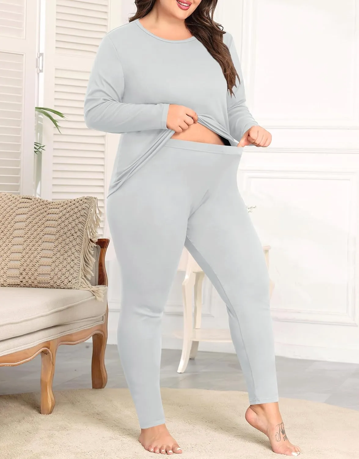 SWOMOG Plus Size Thermal Underwear Sets for Women Long Johns Base Layer Set 2 Pcs Underwear Top & Bottom Pajama Set