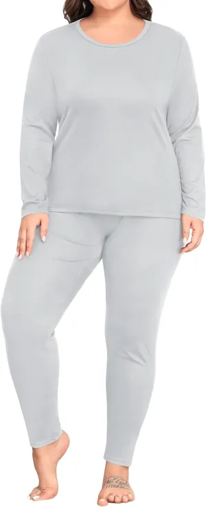 SWOMOG Plus Size Thermal Underwear Sets for Women Long Johns Base Layer Set 2 Pcs Underwear Top & Bottom Pajama Set