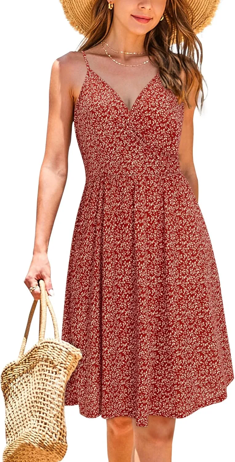 VOTEPRETTY Women's V-Neck Spaghetti Strap Dress Summer Casual Swing Sundress with Pockets