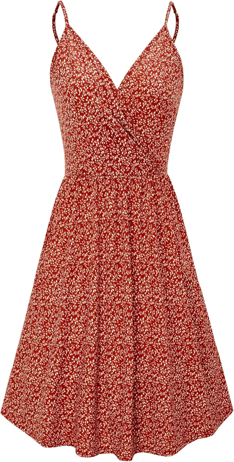 VOTEPRETTY Women's V-Neck Spaghetti Strap Dress Summer Casual Swing Sundress with Pockets