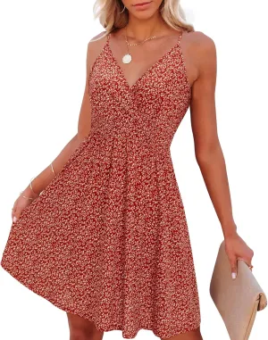 VOTEPRETTY Women's V-Neck Spaghetti Strap Dress Summer Casual Swing Sundress with Pockets