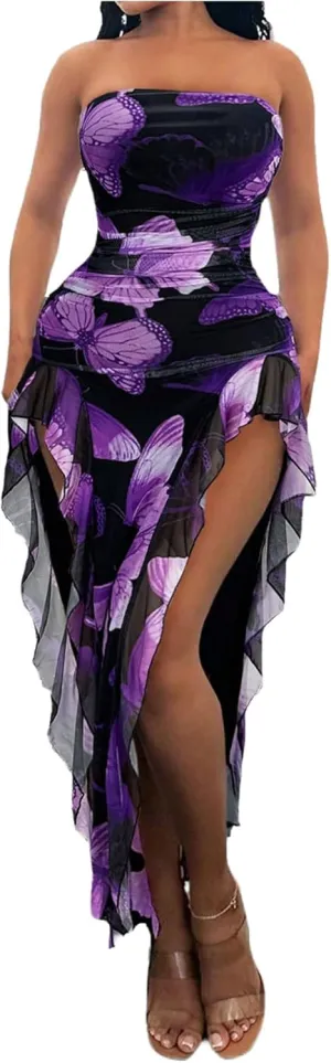 WDIRARA Women's Butterfly Print Asymmetrical Bodycon Maxi Dress Split Ruffle Trim Strapless Tube Dresses