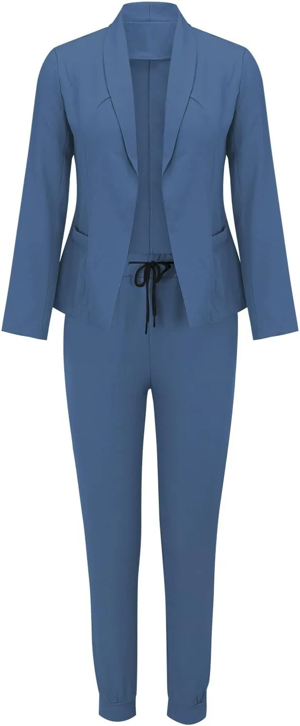 Women Blazer Set 2 Piece Outfits,Plaid Print Long Sleeve Blazer with Drawstring Pants Solid Business Casual Suit Set