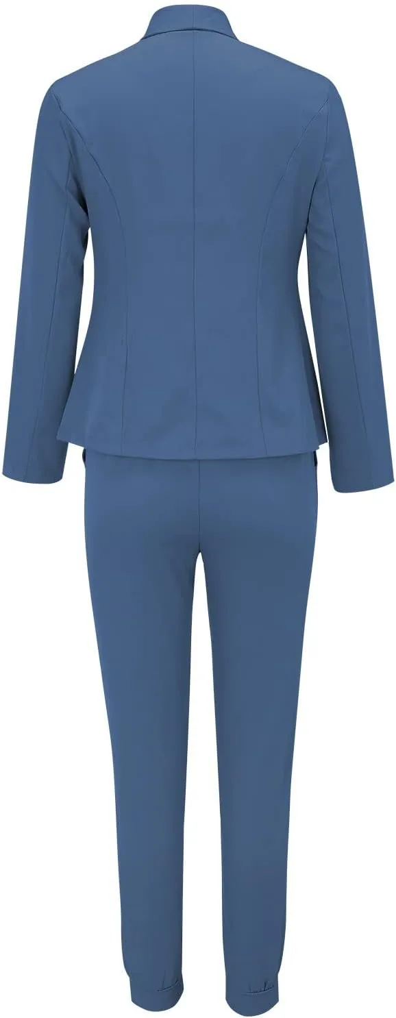 Women Blazer Set 2 Piece Outfits,Plaid Print Long Sleeve Blazer with Drawstring Pants Solid Business Casual Suit Set