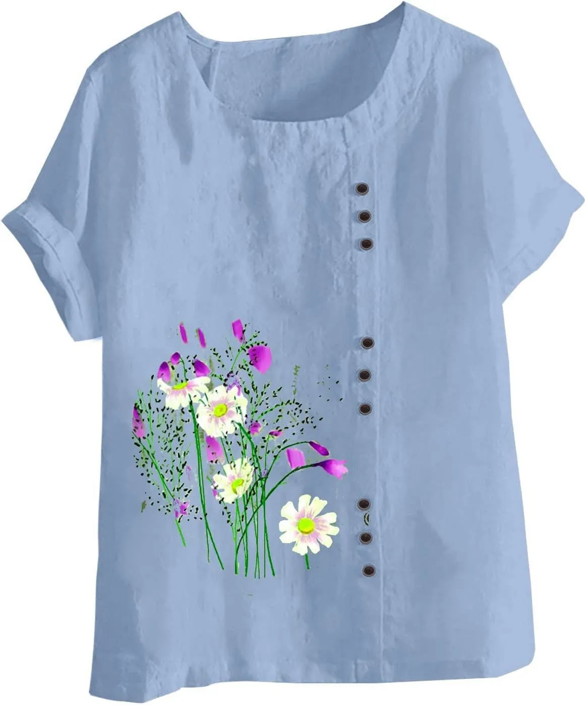 Women Floral Print Linen Shirts Short Sleeve Gauze Tops Loose Fit Cotton Blouses Trendy 2024 Clothing
