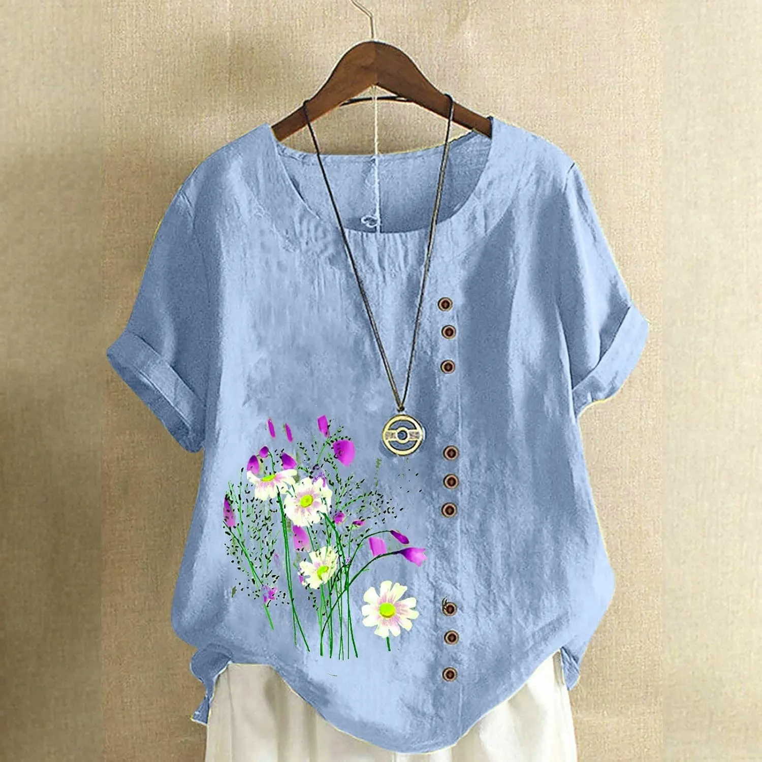 Women Floral Print Linen Shirts Short Sleeve Gauze Tops Loose Fit Cotton Blouses Trendy 2024 Clothing