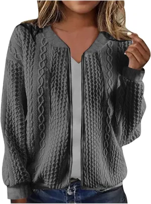 Women's Cardigan Zip Up Cable Knit Long Sleeve Trendy Y2K Sweater Jacket Crewneck Casual Teen Girls Coat 2024 Fall