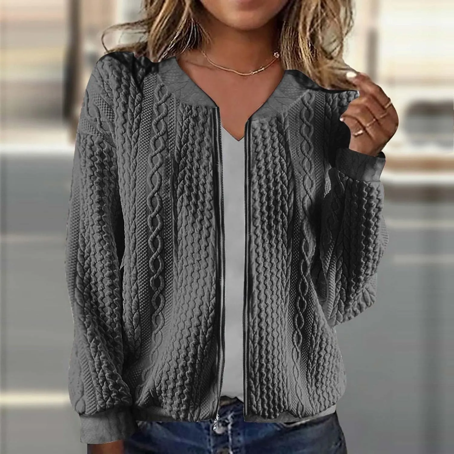 Women's Cardigan Zip Up Cable Knit Long Sleeve Trendy Y2K Sweater Jacket Crewneck Casual Teen Girls Coat 2024 Fall
