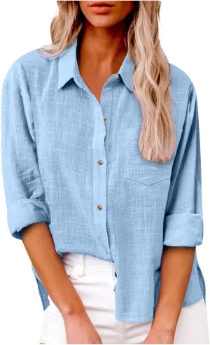 Womens Cotton Linen Button Down Tops 2025 Summer Casual Loose Long Sleeve Lightweight Solid Color Work T Shirts with Pockets