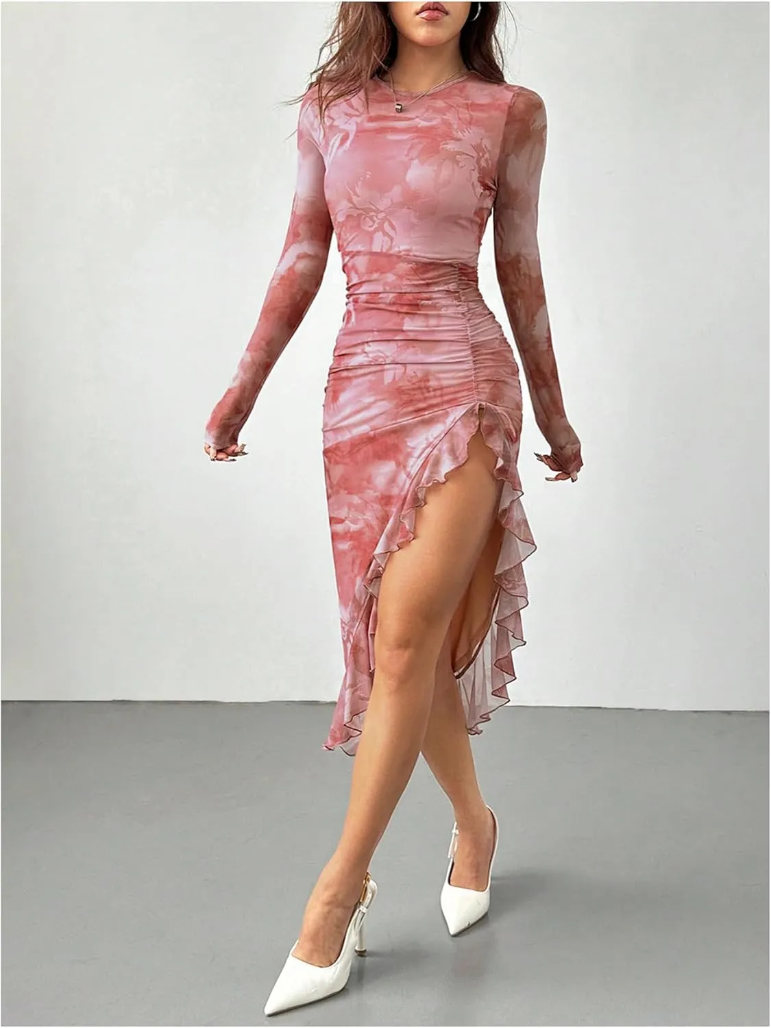 Women's Floral Print Y2k Asymmetrical Hem Midi Dresses Slit Long Sleeve Bodycon Short Dress