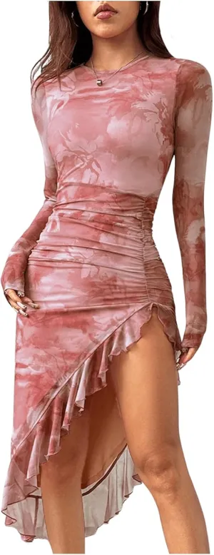 Women's Floral Print Y2k Asymmetrical Hem Midi Dresses Slit Long Sleeve Bodycon Short Dress