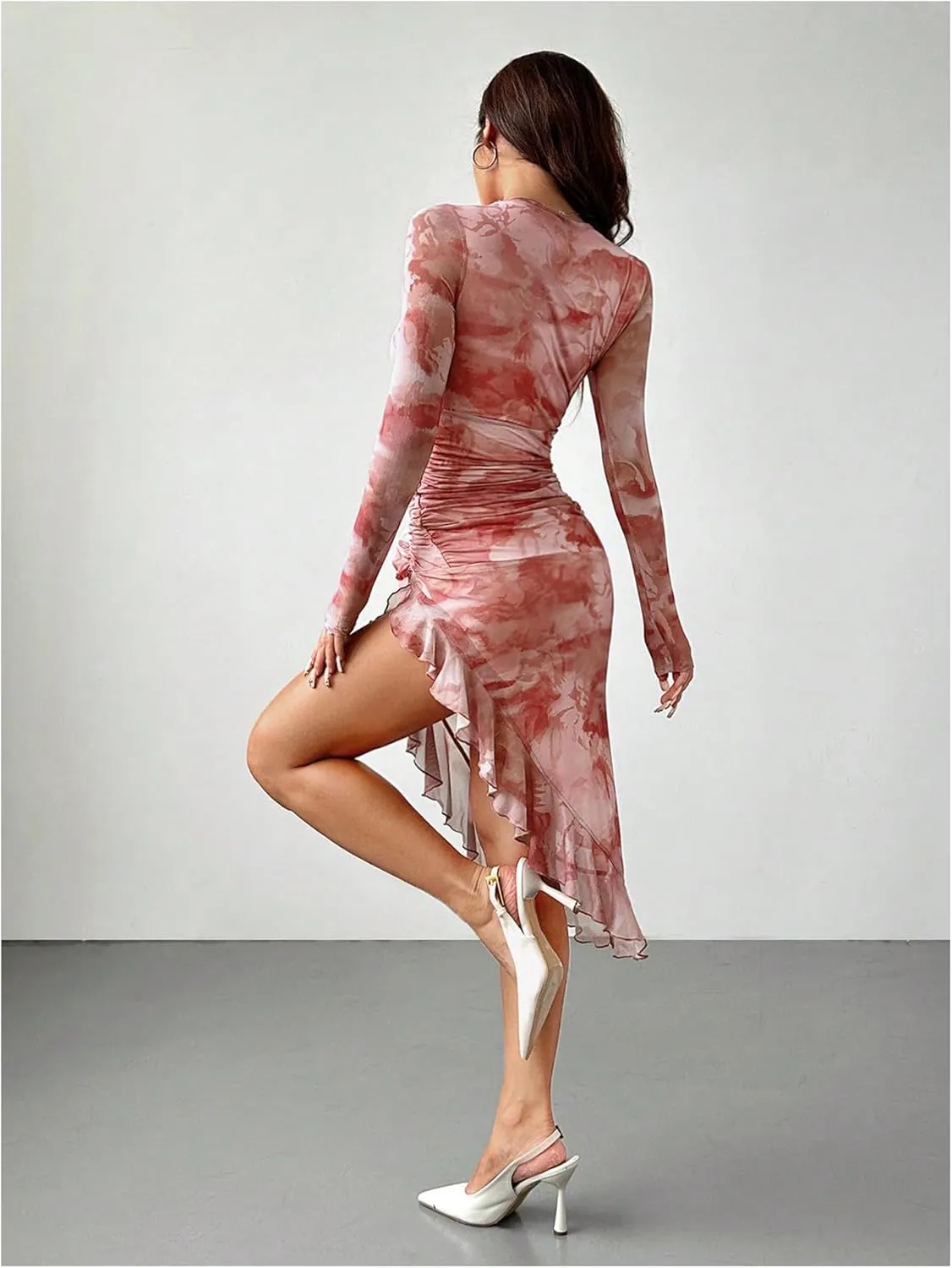 Women's Floral Print Y2k Asymmetrical Hem Midi Dresses Slit Long Sleeve Bodycon Short Dress
