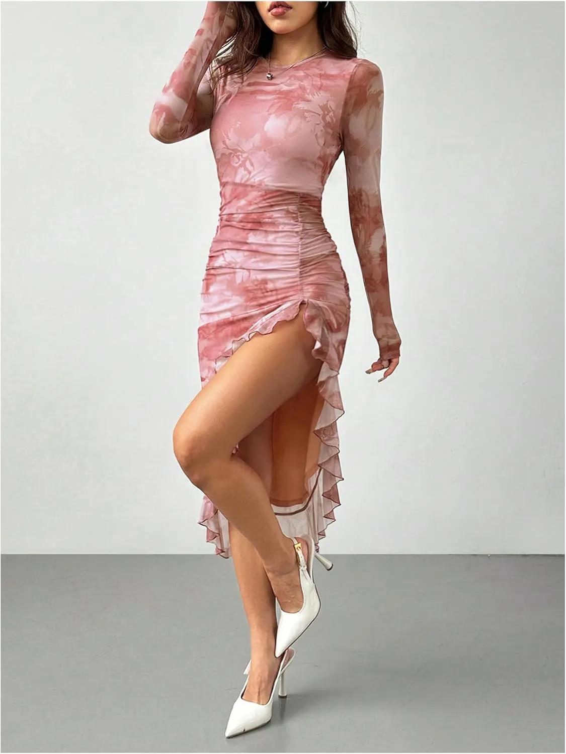 Women's Floral Print Y2k Asymmetrical Hem Midi Dresses Slit Long Sleeve Bodycon Short Dress